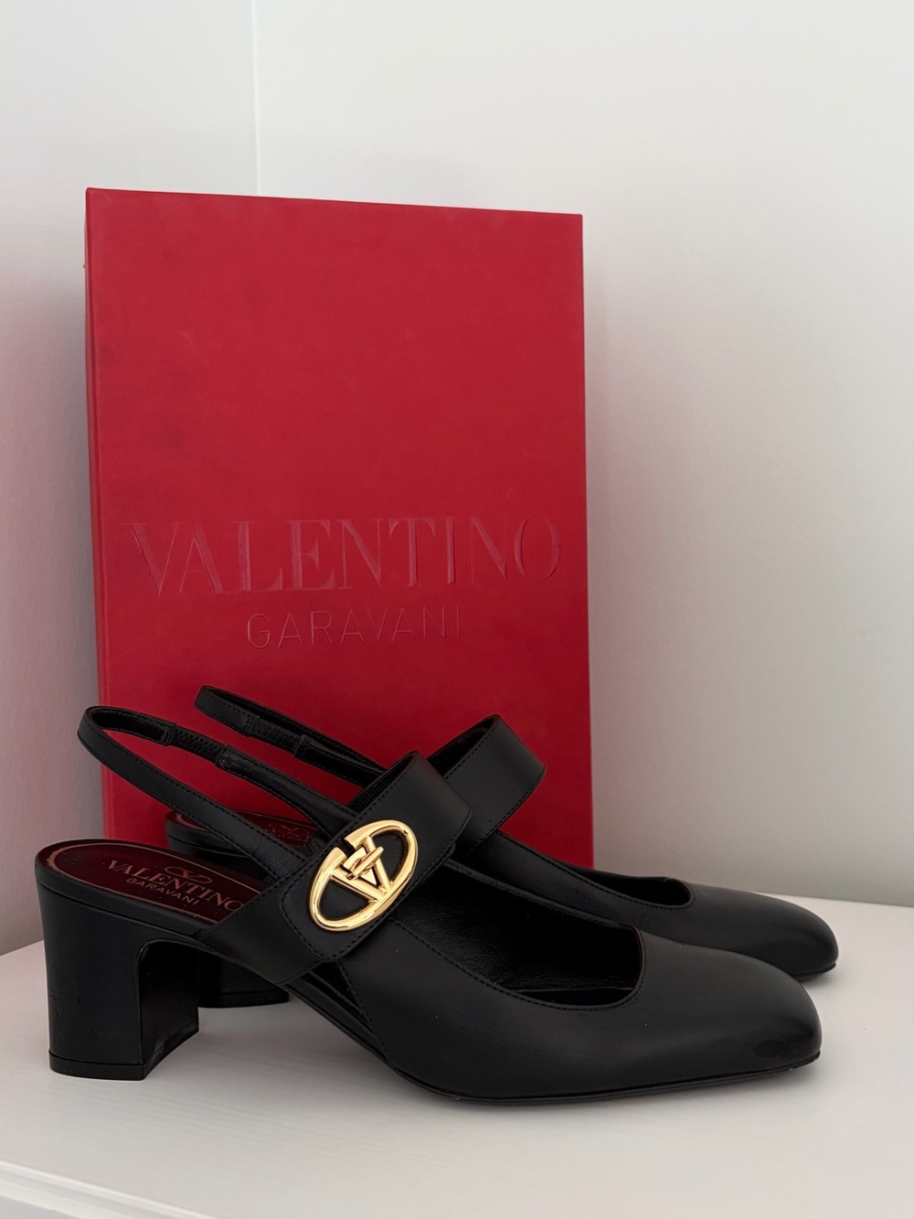 Valentino Black Leather Slingback with Gold Logo Buckle size 38
